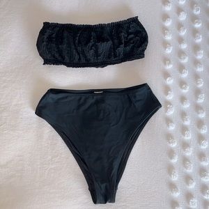 Puckered bandeau bikini top with high waist bottoms